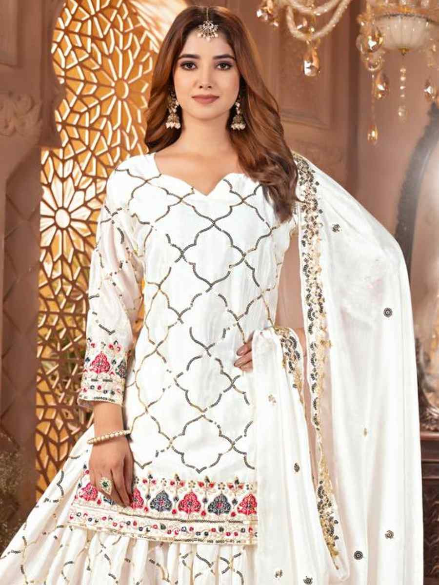 White Heavy Chinnon Silk Embroidery Party Wedding Festival Casual Ready Palazzo Pant Salwar Kameez