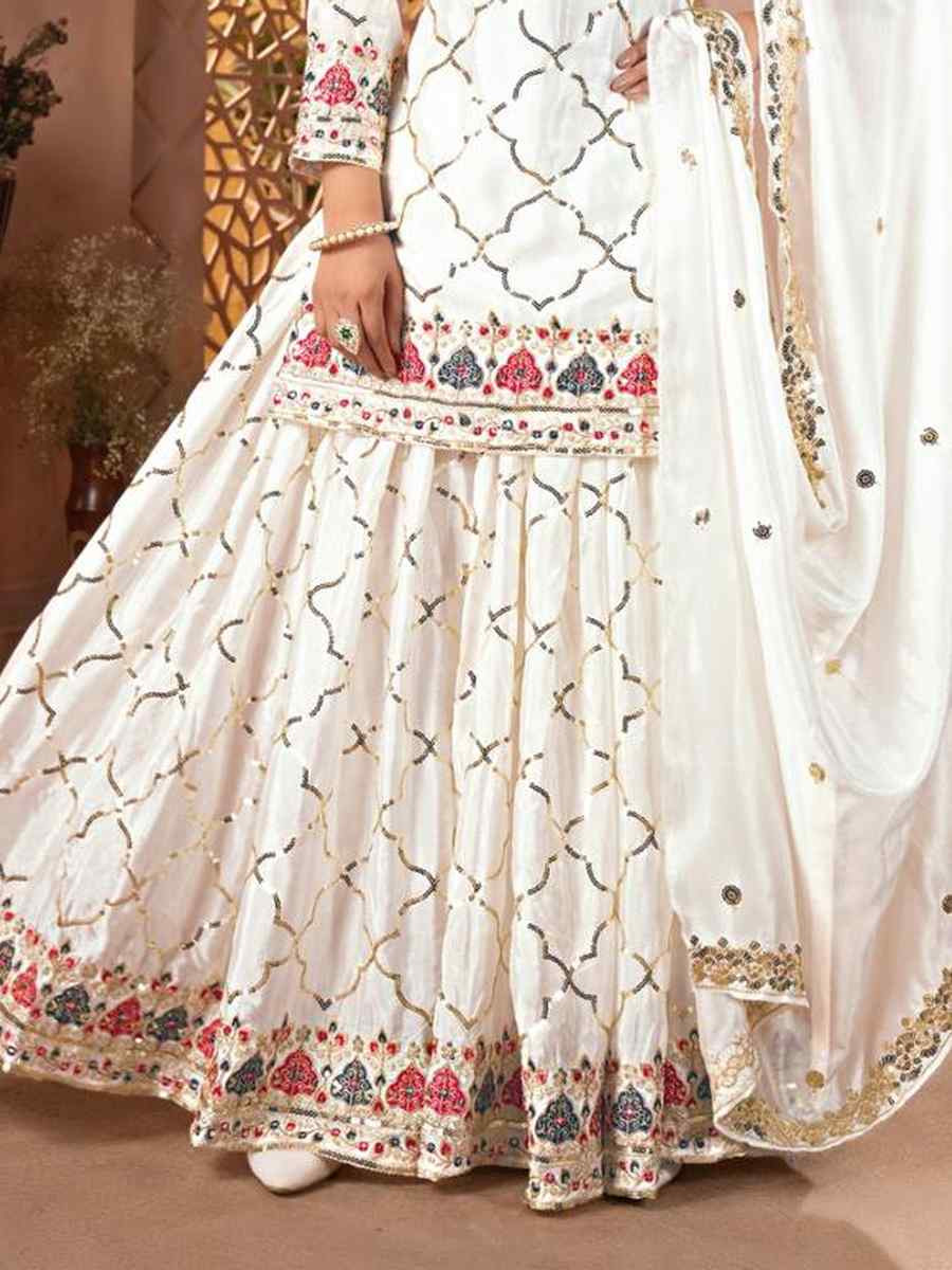 White Heavy Chinnon Silk Embroidery Party Wedding Festival Casual Ready Palazzo Pant Salwar Kameez