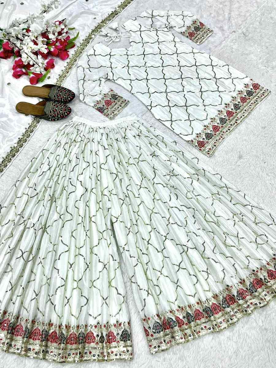 White Heavy Chinnon Silk Embroidery Party Wedding Festival Casual Ready Palazzo Pant Salwar Kameez