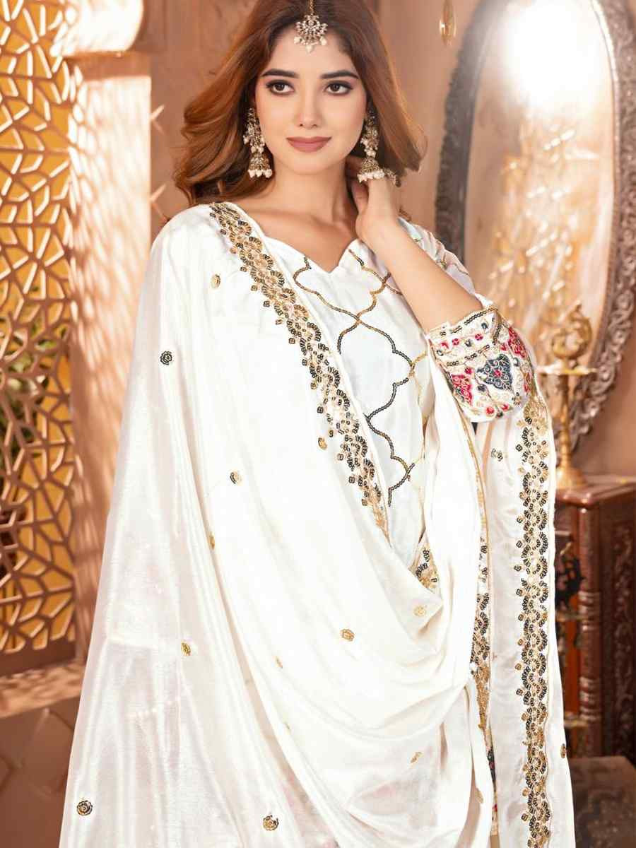 White Heavy Chinnon Silk Embroidery Party Wedding Festival Casual Ready Palazzo Pant Salwar Kameez