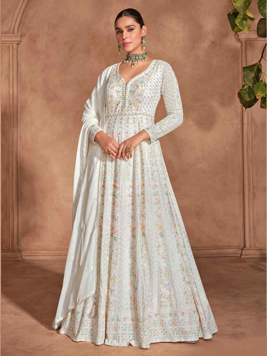 White Heavy Chinon Embroidered Festival Casual Anarkali Salwar Kameez