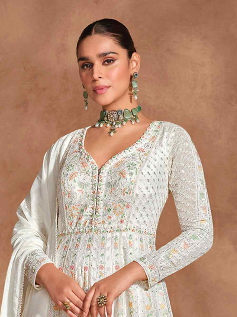 White Heavy Chinon Embroidered Festival Casual Anarkali Salwar Kameez