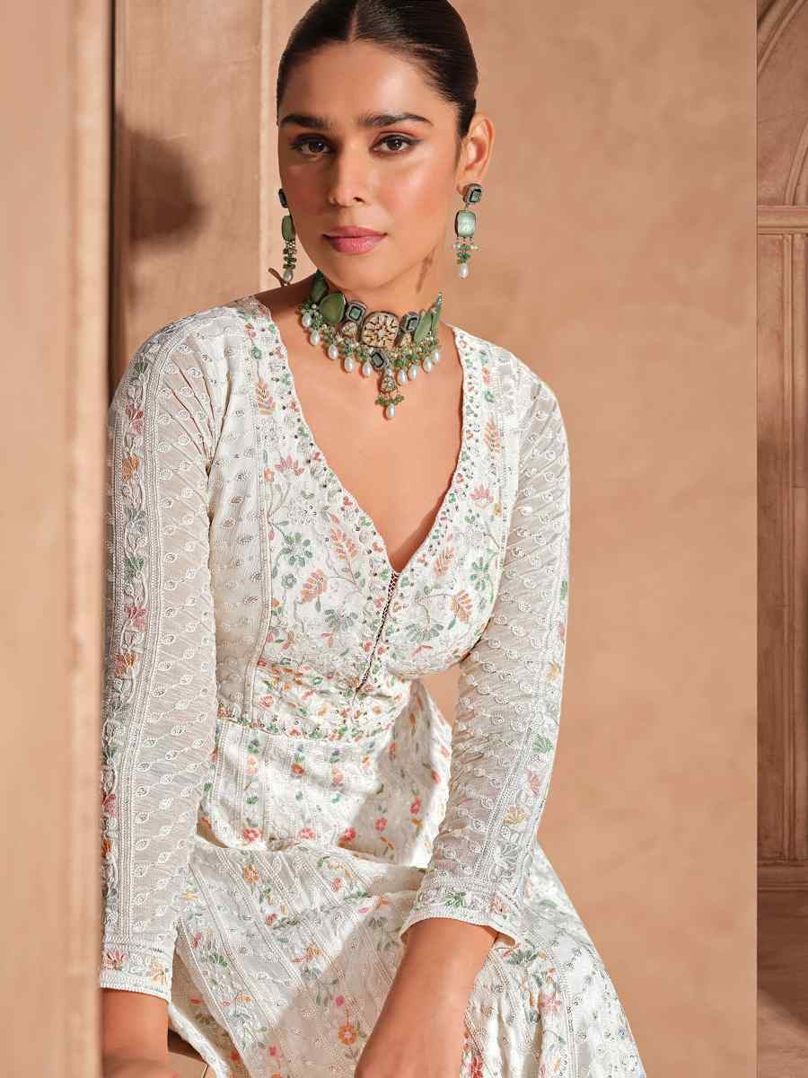 White Heavy Chinon Embroidered Festival Casual Anarkali Salwar Kameez