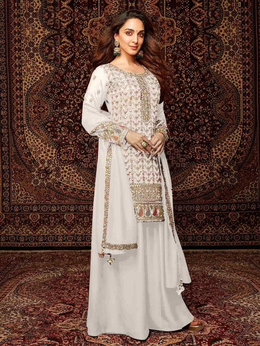 White Heavy Chinon Embroidered Festival Wedding Palazzo Pant Salwar Kameez