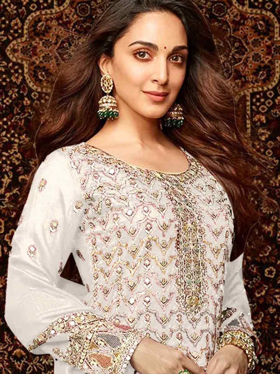 White Heavy Chinon Embroidered Festival Wedding Palazzo Pant Salwar Kameez