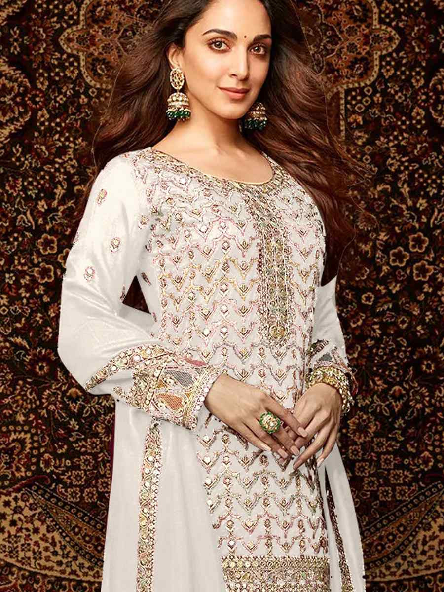 White Heavy Chinon Embroidered Festival Wedding Palazzo Pant Salwar Kameez