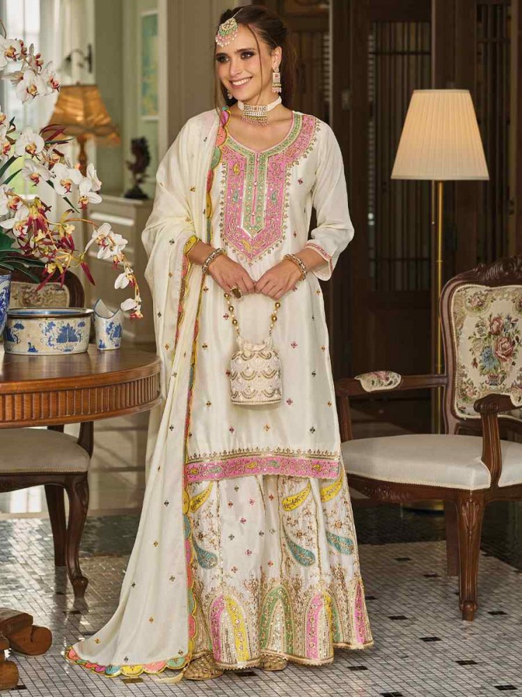 White Heavy Chinon Embroidered Festival Wedding Ready Sharara Pant Salwar Kameez