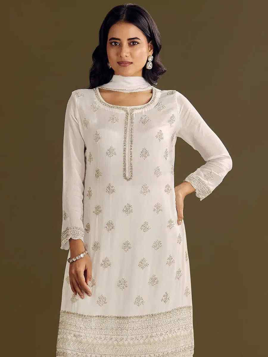 White Heavy Chinon Embroidered Festival Wedding Sharara Pant Salwar Kameez