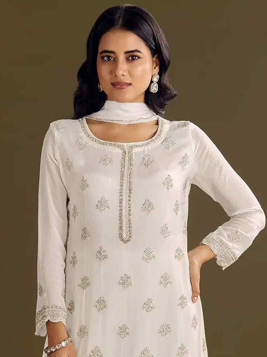 White Heavy Chinon Embroidered Festival Wedding Sharara Pant Salwar Kameez