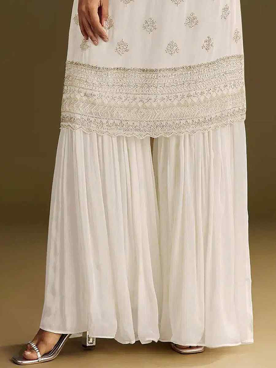 White Heavy Chinon Embroidered Festival Wedding Sharara Pant Salwar Kameez