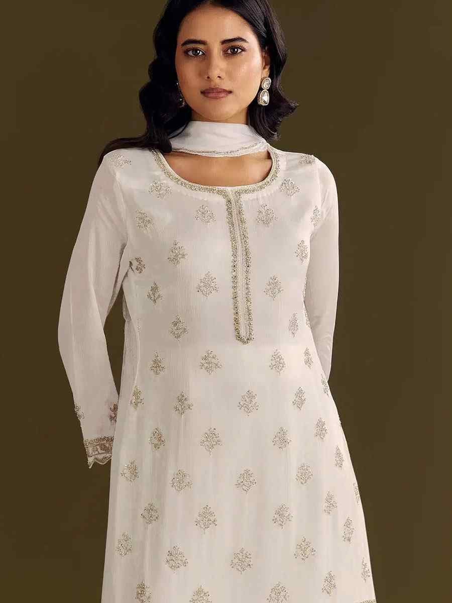 White Heavy Chinon Embroidered Festival Wedding Sharara Pant Salwar Kameez
