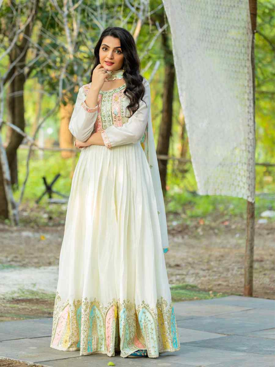 White Heavy Chinon Silk Embroidered Festival Casual Gown