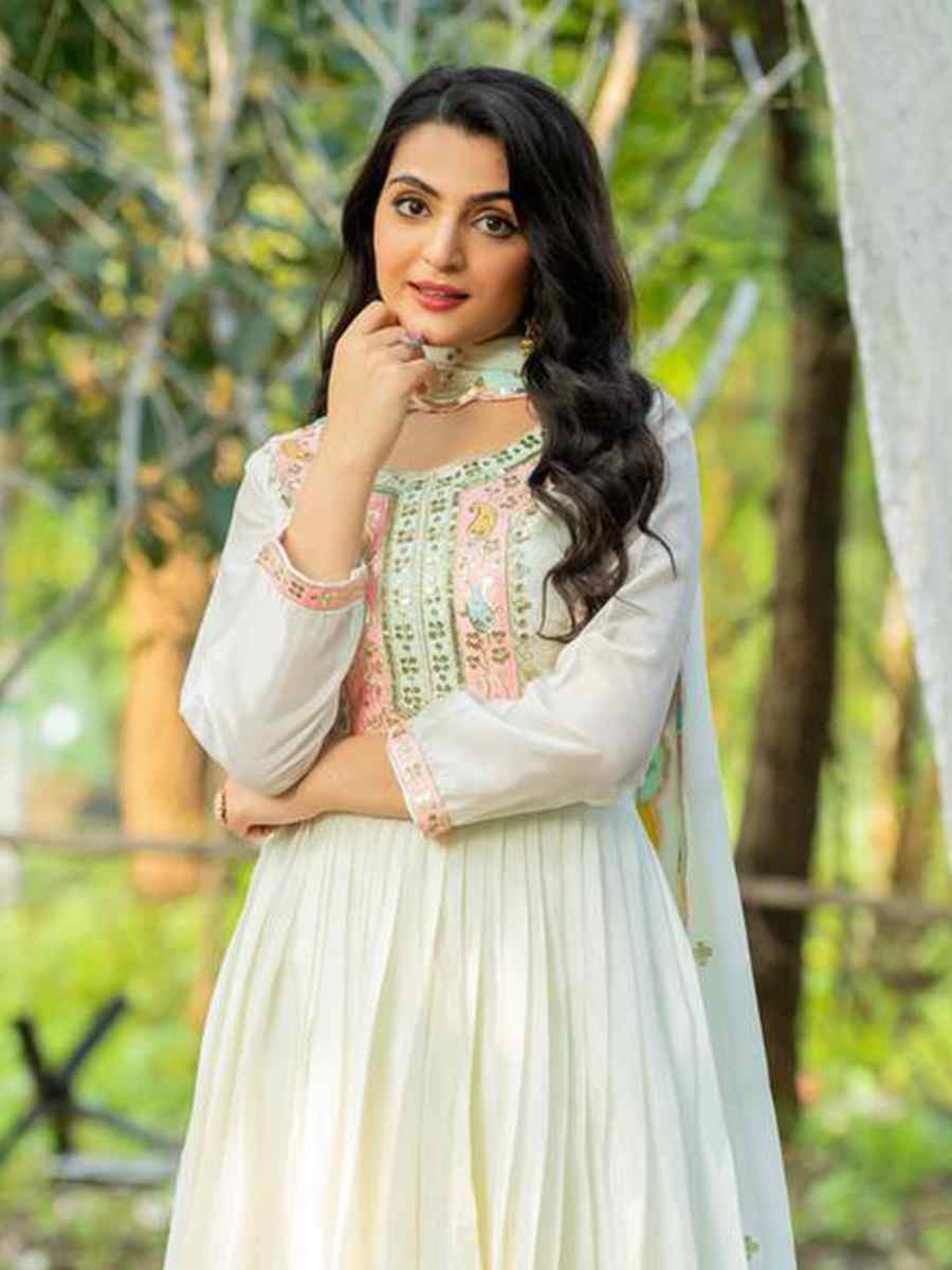 White Heavy Chinon Silk Embroidered Festival Casual Gown