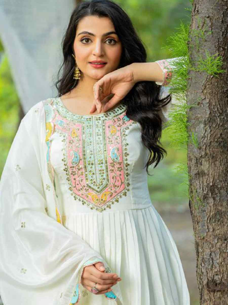 White Heavy Chinon Silk Embroidered Festival Casual Gown