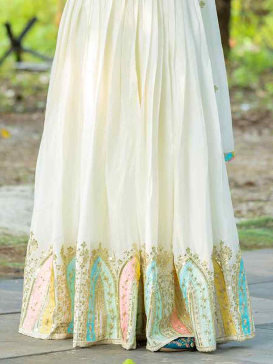 White Heavy Chinon Silk Embroidered Festival Casual Gown
