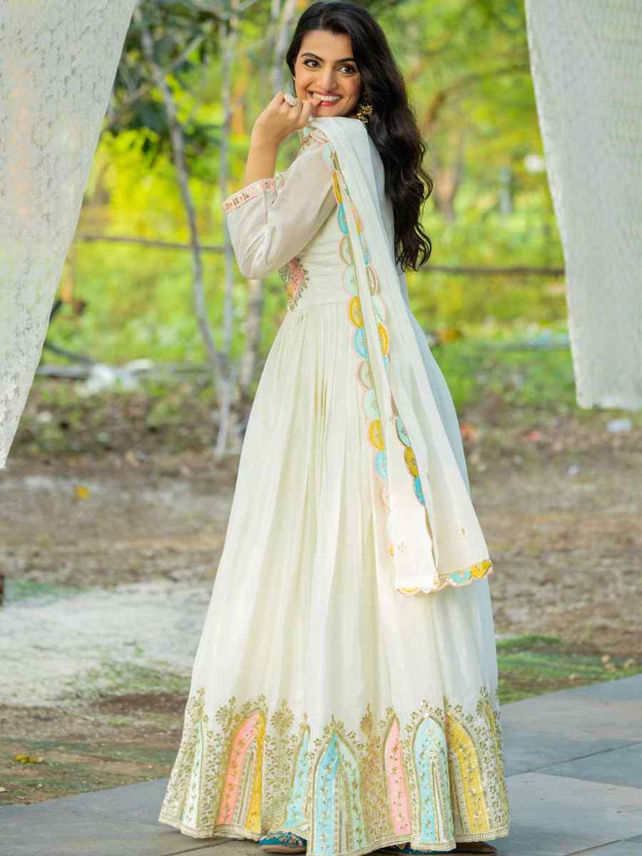 White Heavy Chinon Silk Embroidered Festival Casual Gown