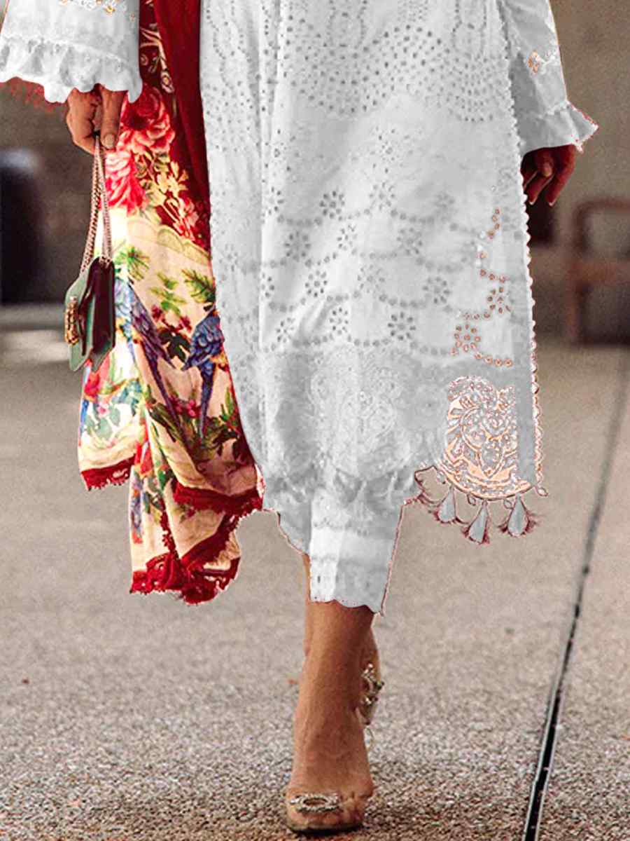 White Heavy Cotton Embroidered Festival Casual Pant Salwar Kameez