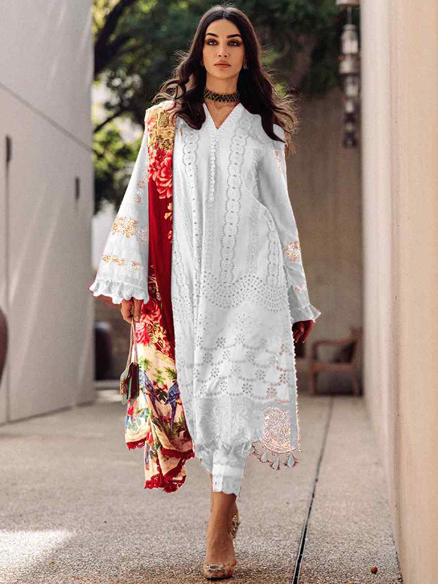 White Heavy Cotton Embroidered Festival Casual Pant Salwar Kameez