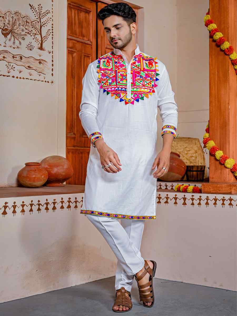 White Heavy Cotton Embroidered Festival Kurta