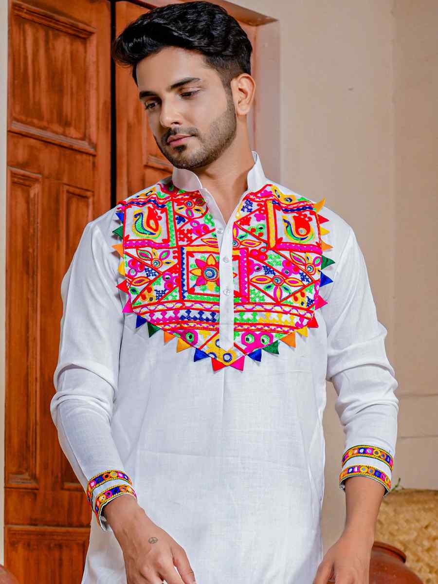 White Heavy Cotton Embroidered Festival Kurta