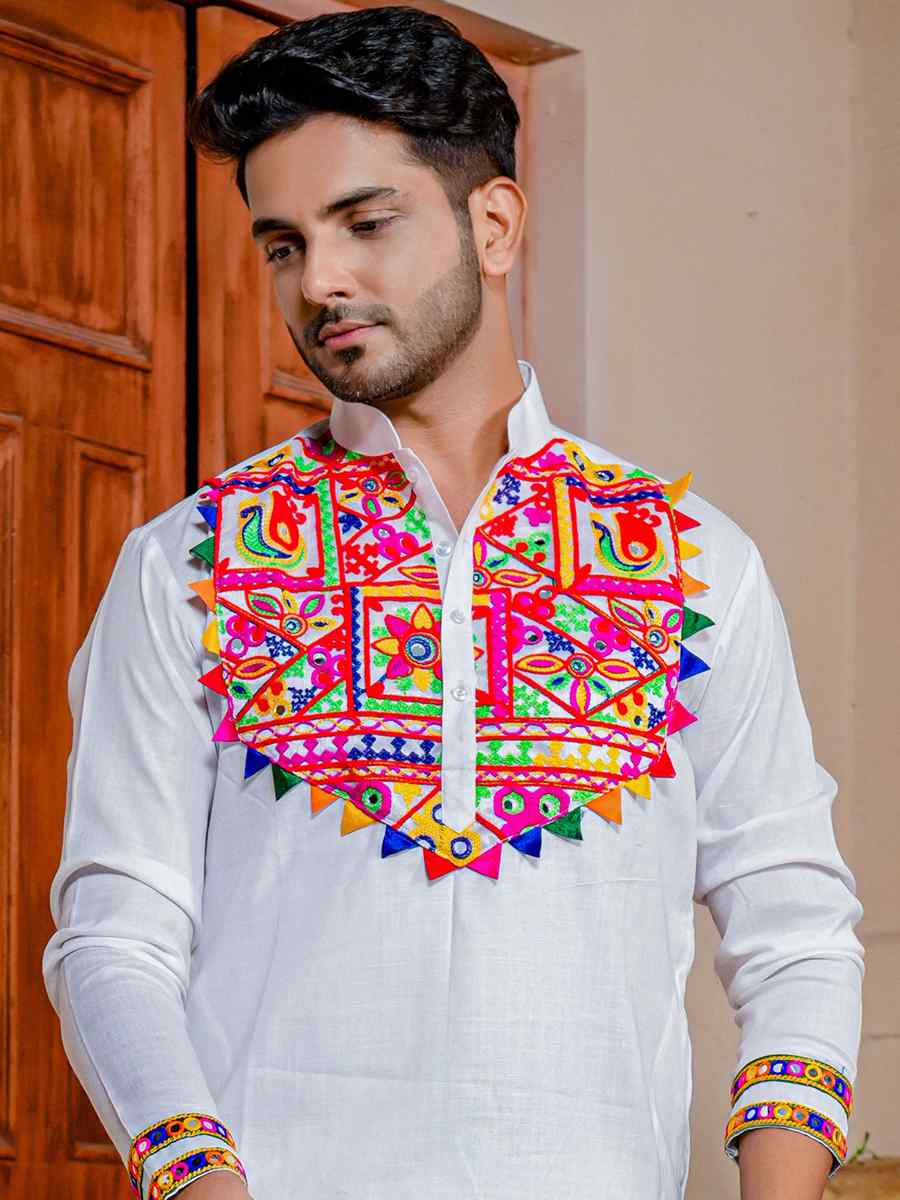 White Heavy Cotton Embroidered Festival Kurta