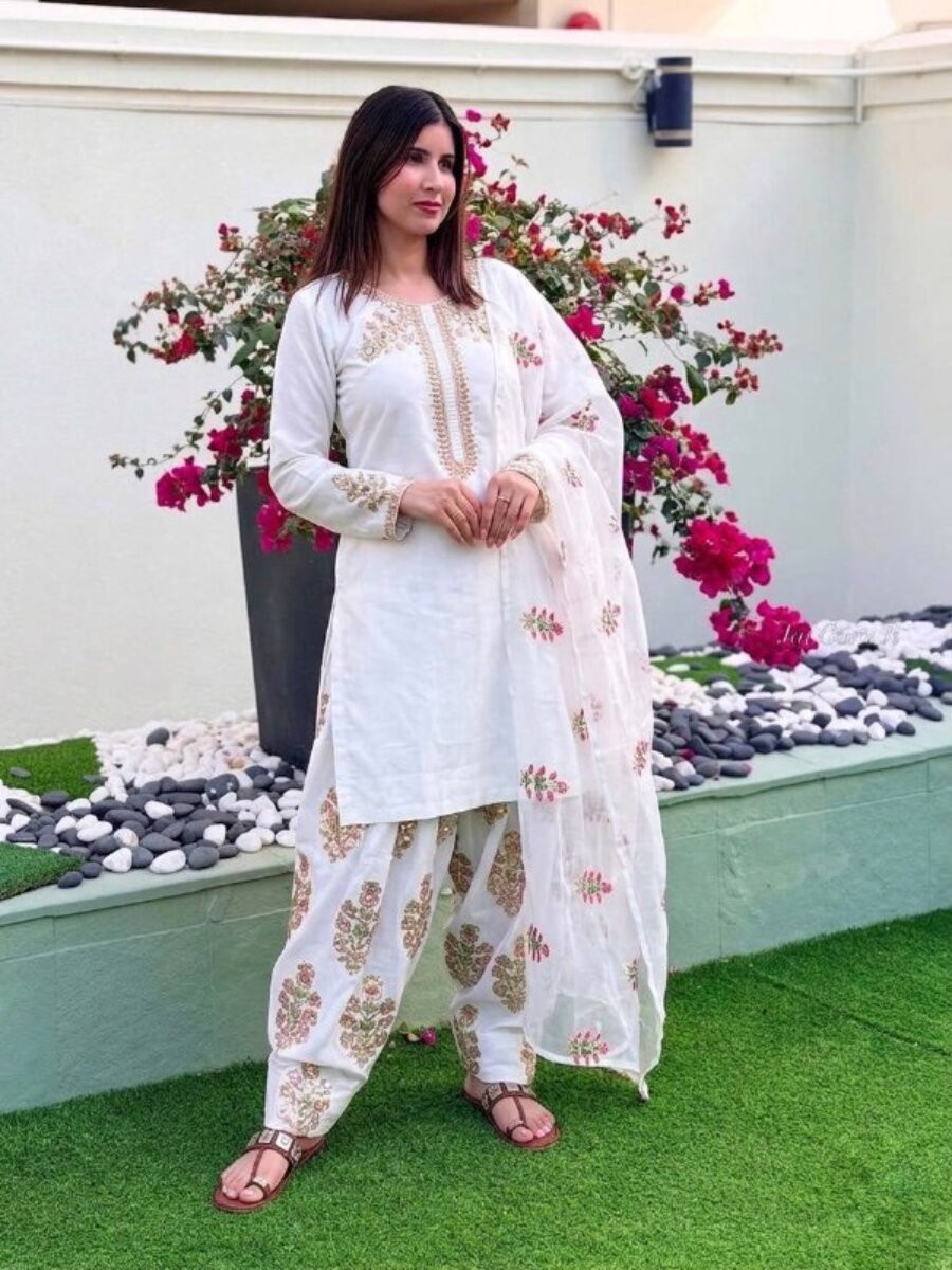 White Heavy Creap Silk Embroidery Sequins Wedding Party Festival Casual Ready Palazzo Pant Salwar Kameez