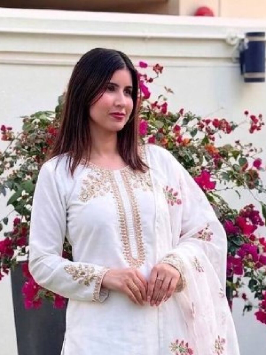White Heavy Creap Silk Embroidery Sequins Wedding Party Festival Casual Ready Palazzo Pant Salwar Kameez