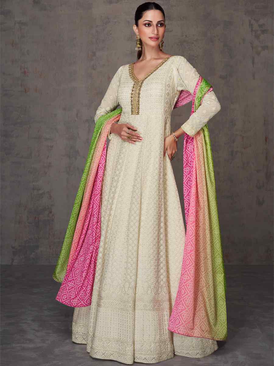 White Heavy Faux Georgette Embroidered Festival Wedding Anarkali Salwar Kameez