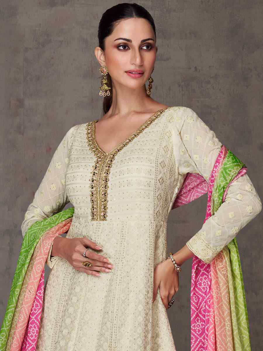 White Heavy Faux Georgette  Embroidered Festival Wedding Anarkali Salwar Kameez