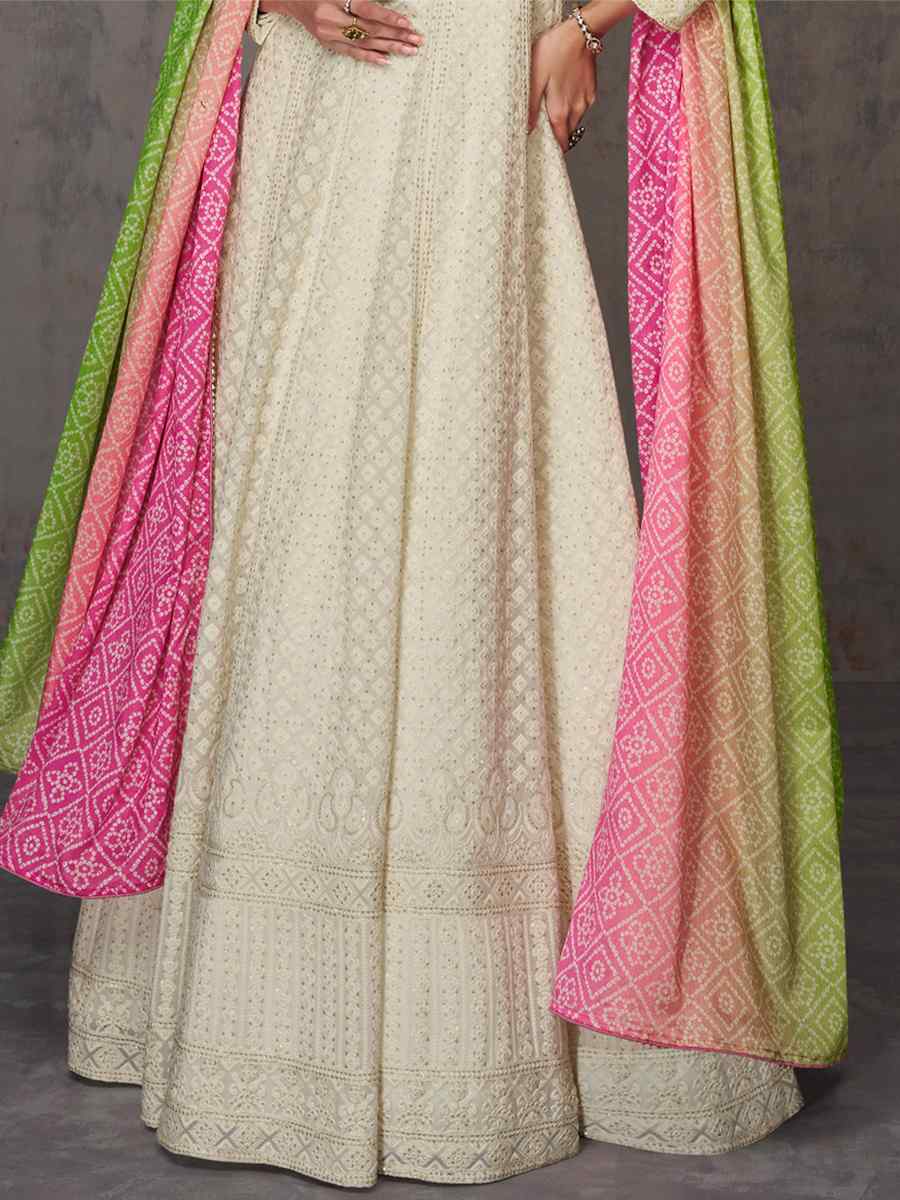 White Heavy Faux Georgette Embroidered Festival Wedding Anarkali Salwar Kameez