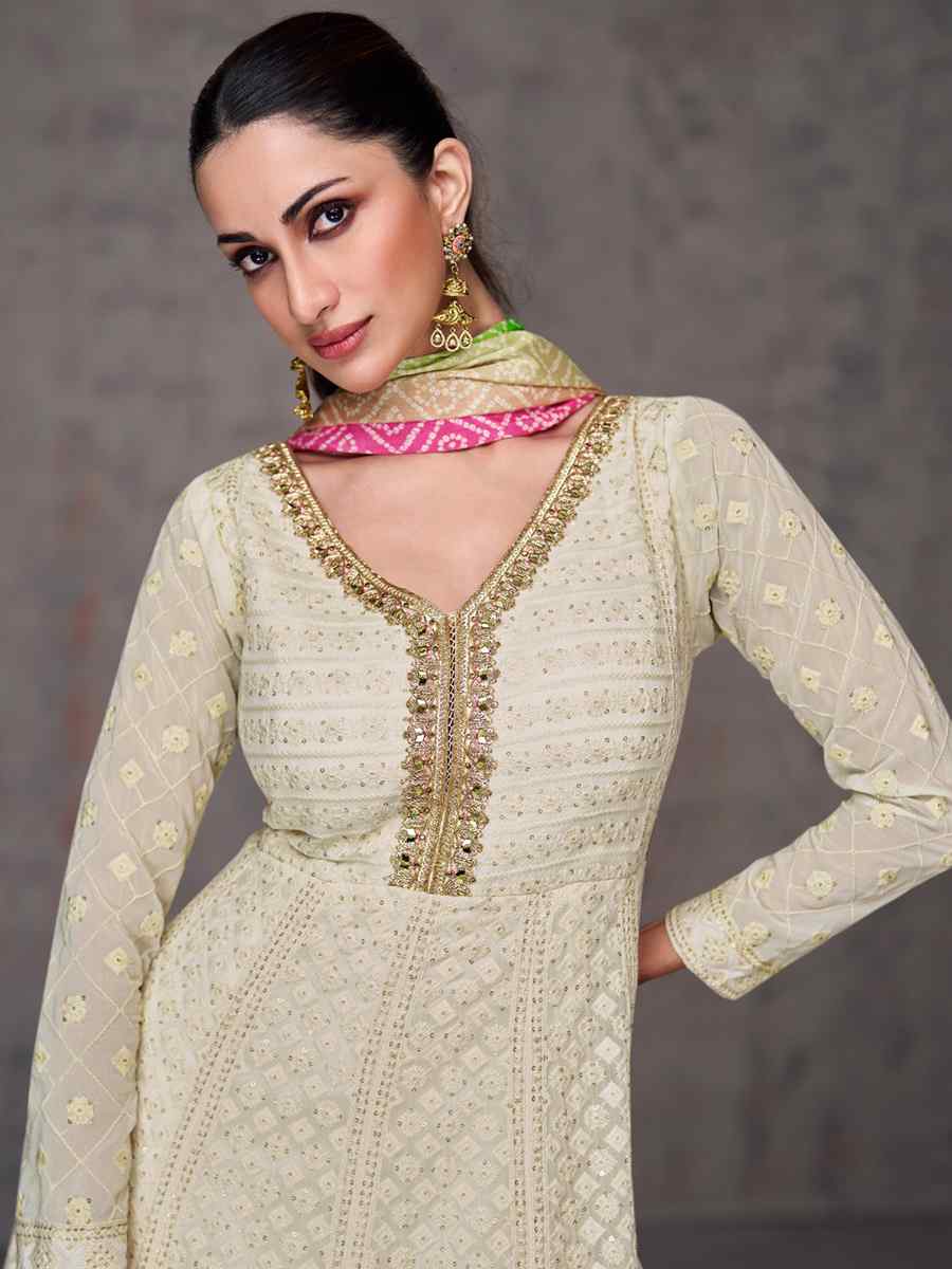 White Heavy Faux Georgette Embroidered Festival Wedding Anarkali Salwar Kameez