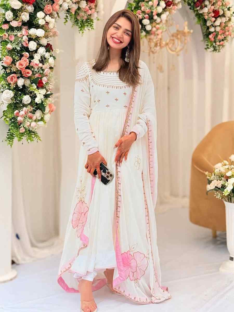 White Heavy Faux Georgette Embroidered Festival Casual Ready Pant Salwar Kameez
