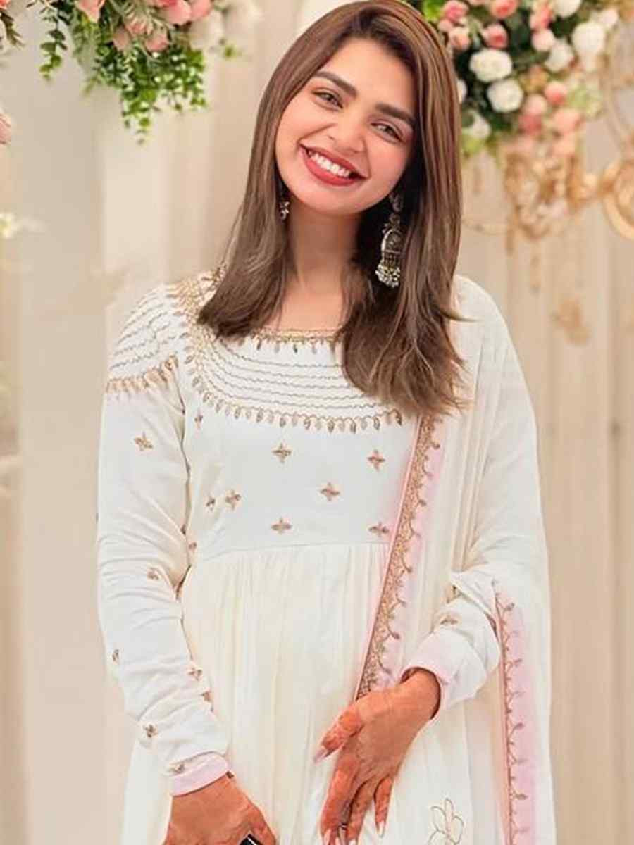 White Heavy Faux Georgette Embroidered Festival Casual Ready Pant Salwar Kameez
