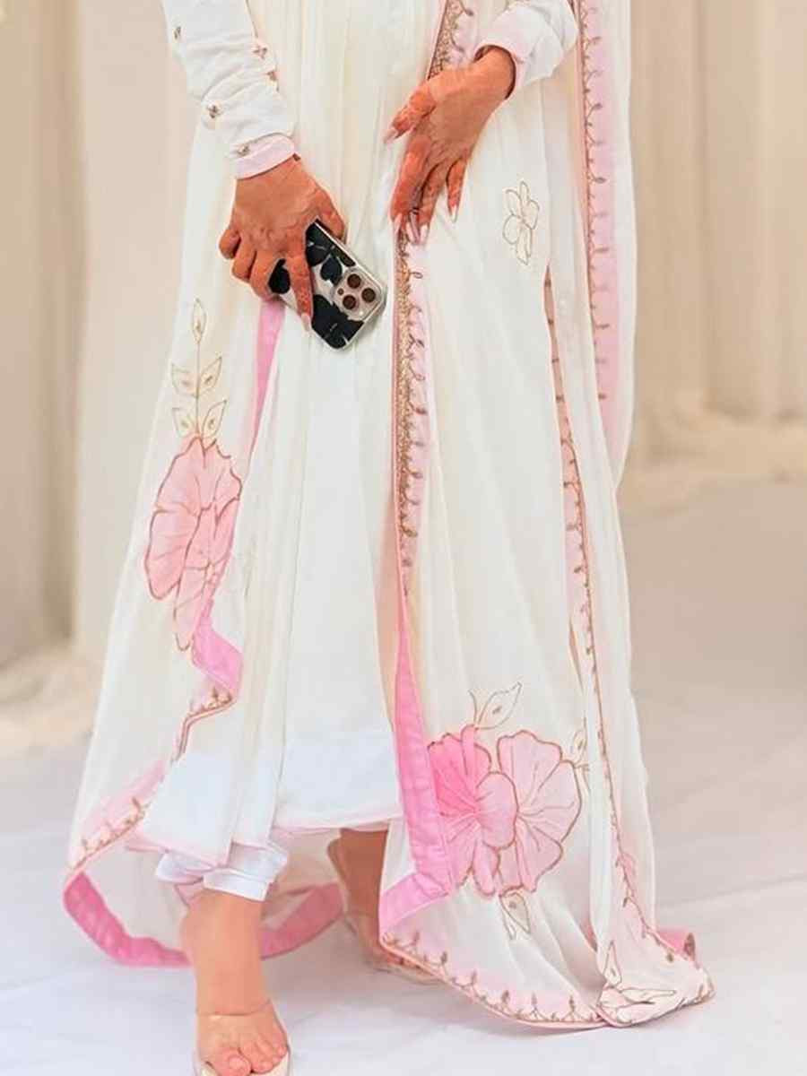 White Heavy Faux Georgette Embroidered Festival Casual Ready Pant Salwar Kameez