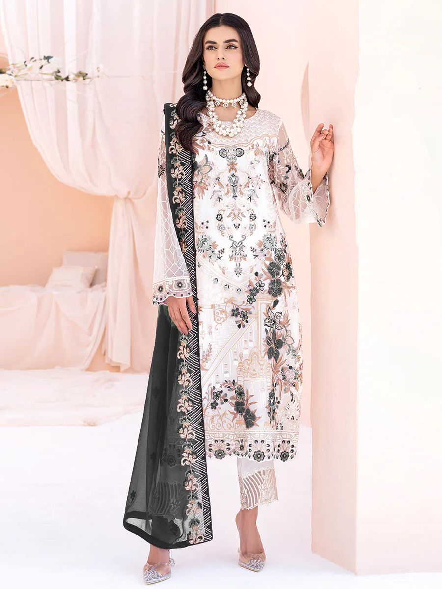 White Heavy Faux Georgette Embroidered Festival Party Pant Salwar Kameez
