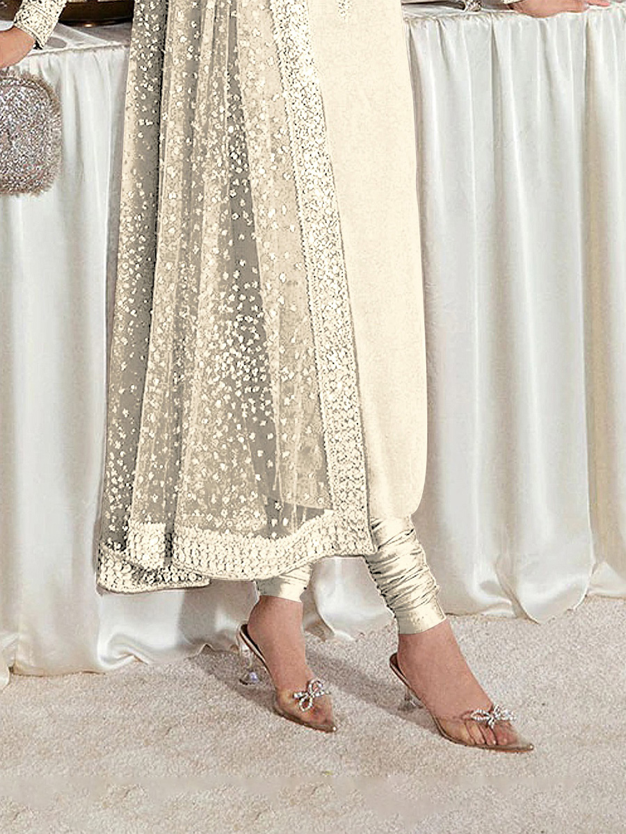White Heavy Faux Georgette Embroidered Festival Party Pant Salwar Kameez