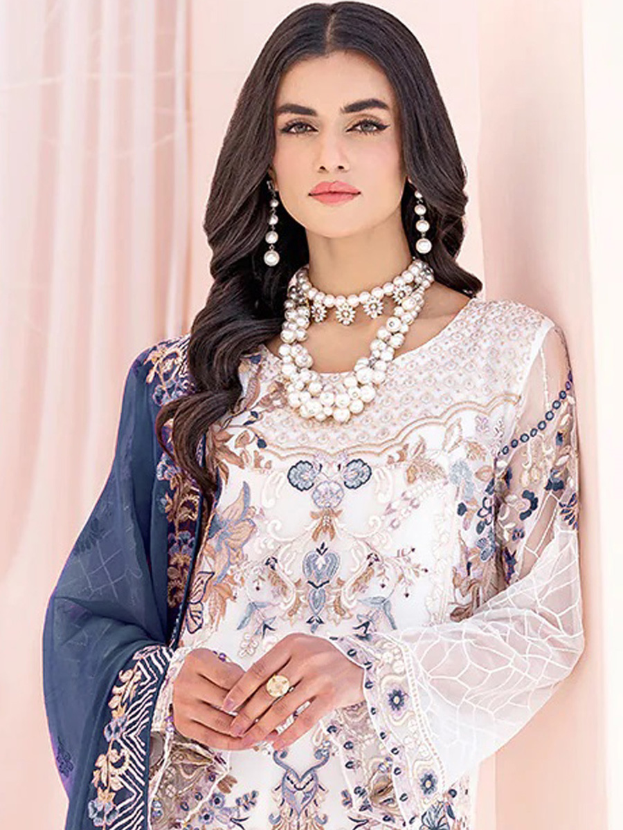 White Heavy Faux Georgette Embroidered Festival Party Pant Salwar Kameez