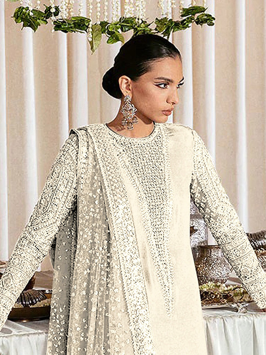 White Heavy Faux Georgette Embroidered Festival Party Pant Salwar Kameez