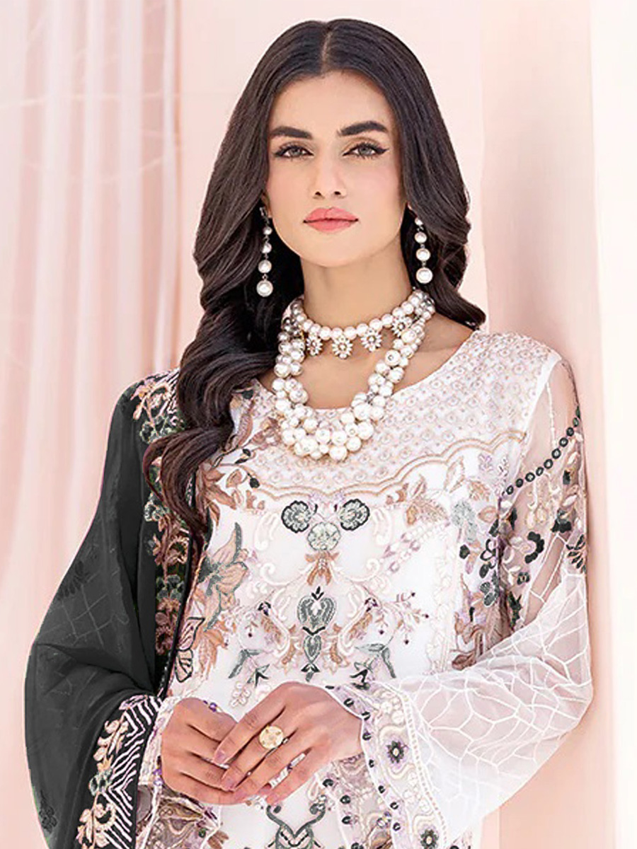 White Heavy Faux Georgette Embroidered Festival Party Pant Salwar Kameez