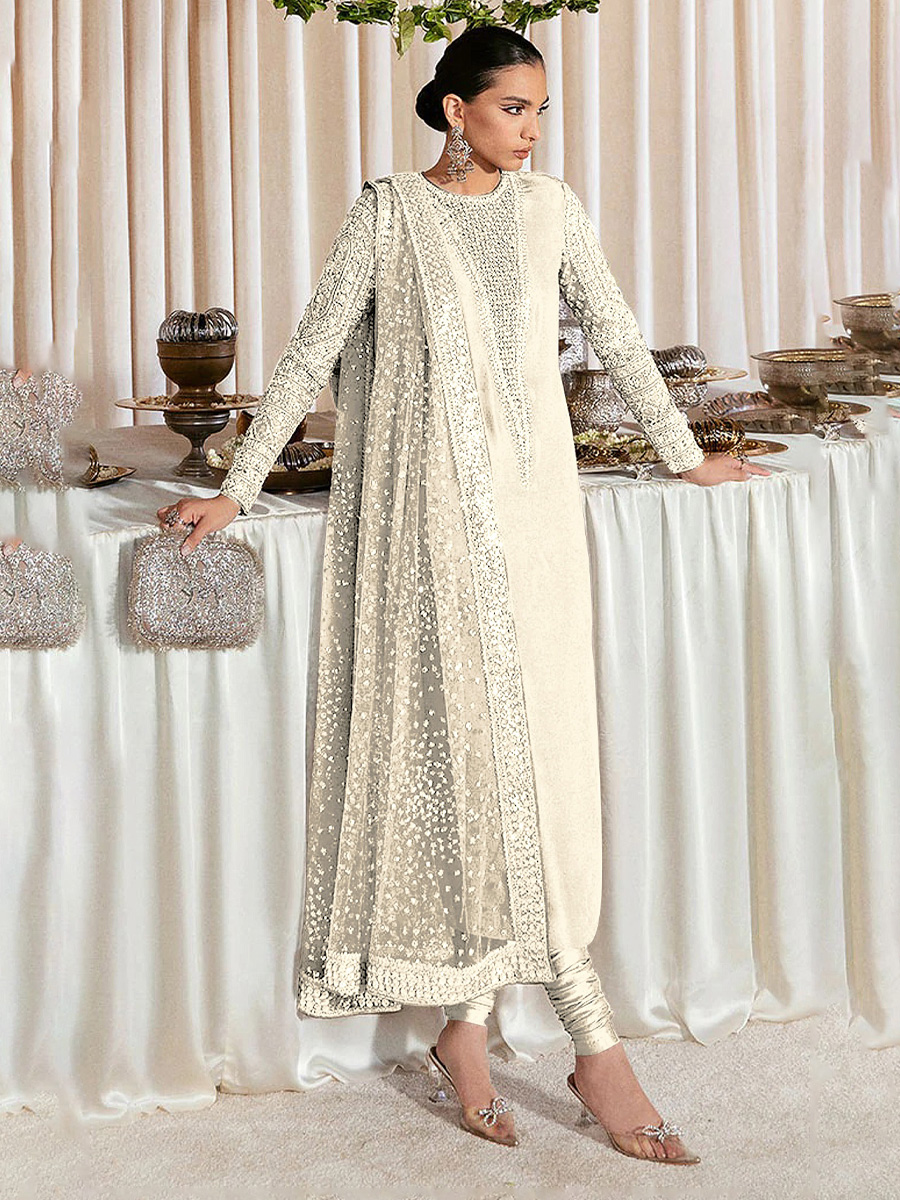 White Heavy Faux Georgette Embroidered Festival Party Pant Salwar Kameez