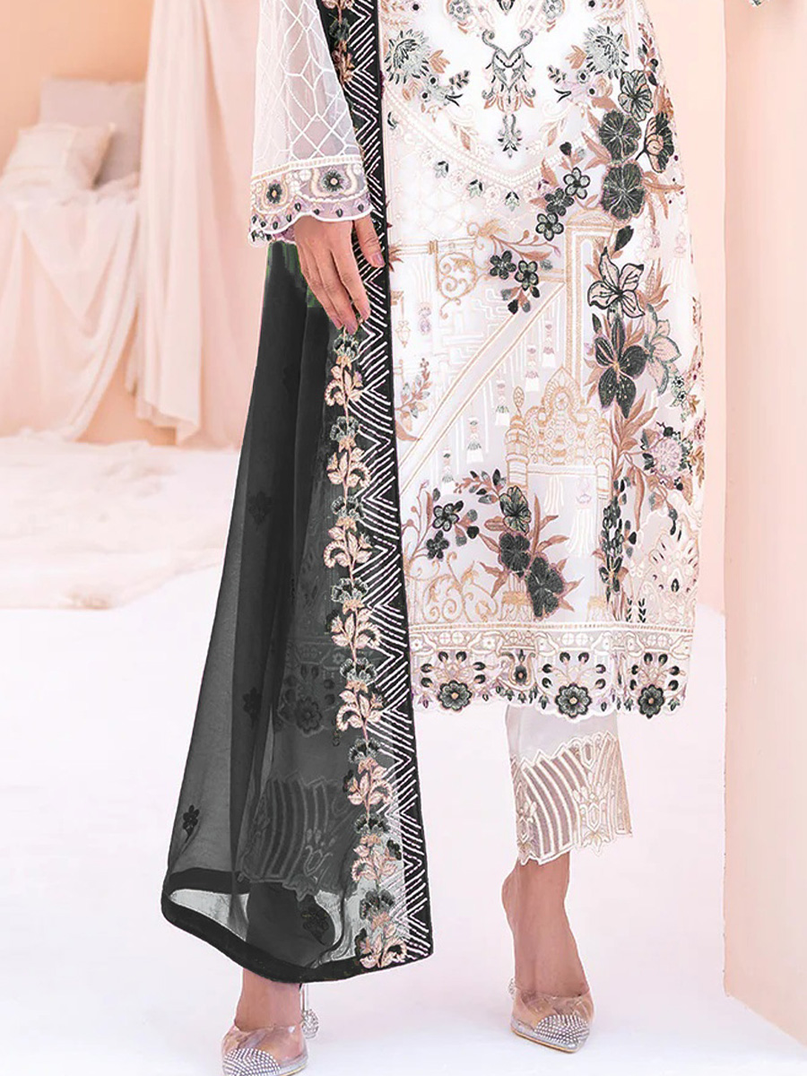 White Heavy Faux Georgette Embroidered Festival Party Pant Salwar Kameez