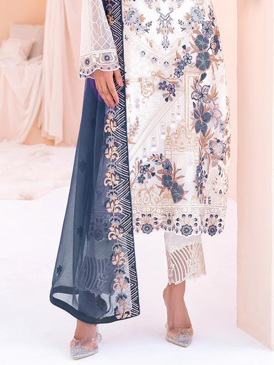 White Heavy Faux Georgette Embroidered Festival Party Pant Salwar Kameez