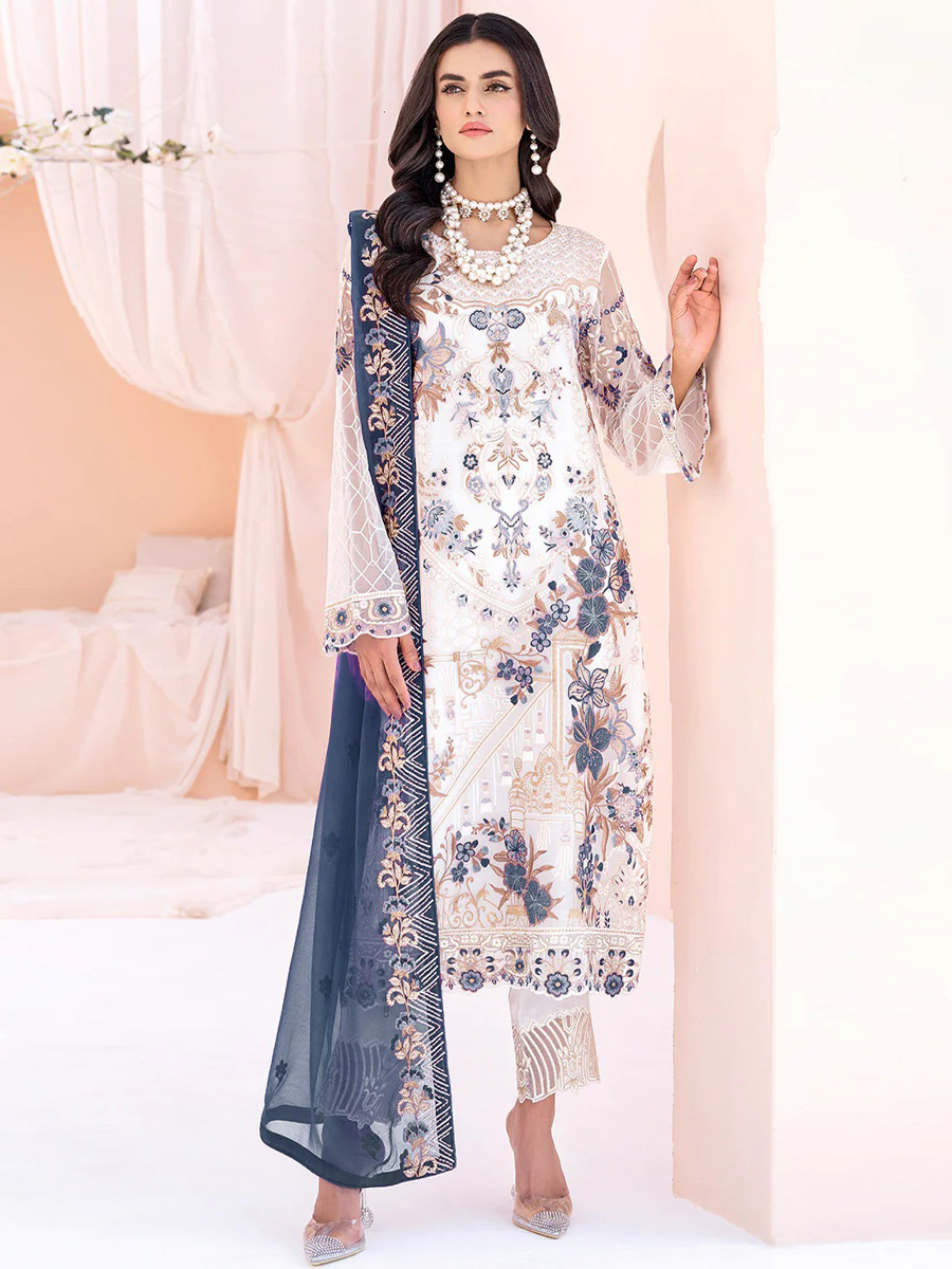 White Heavy Faux Georgette Embroidered Festival Party Pant Salwar Kameez