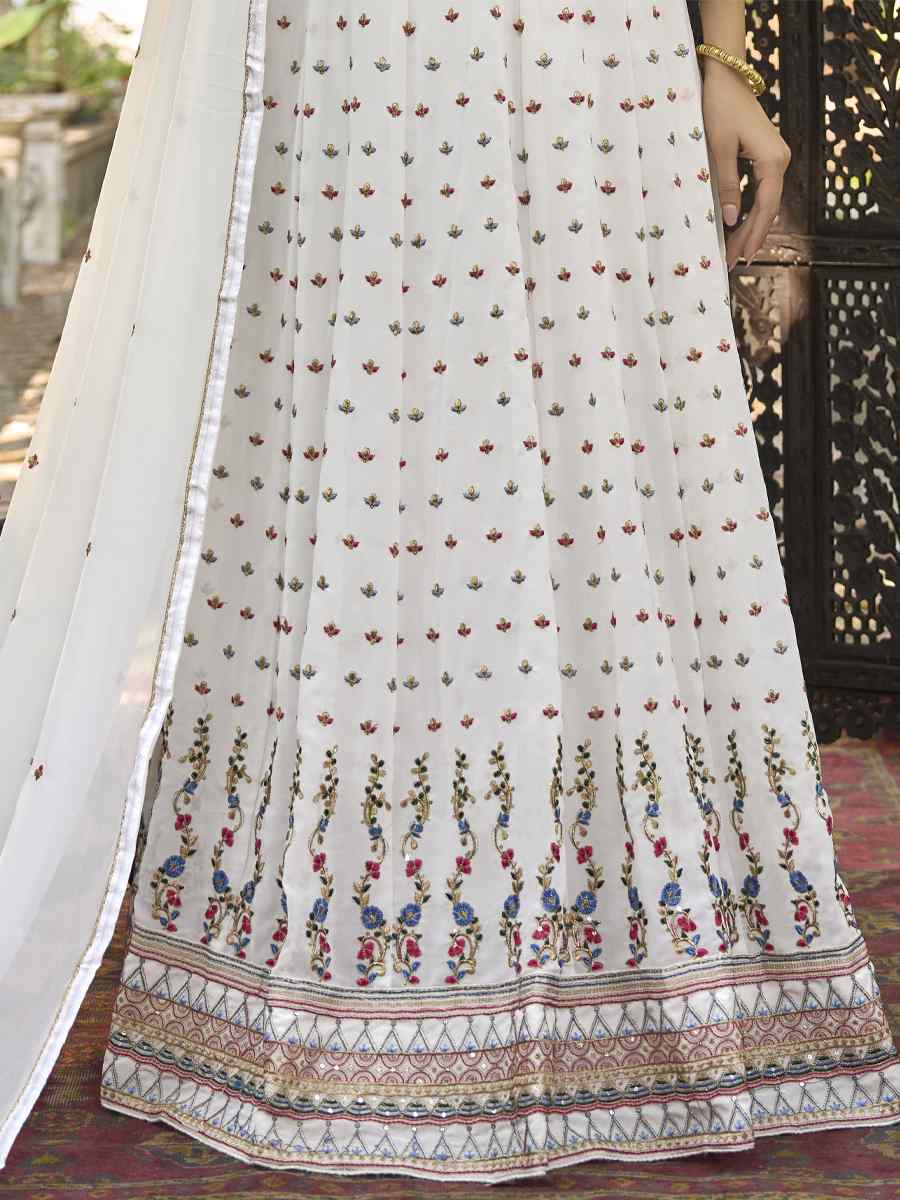 White Heavy Faux Georgette Embroidered Festival Wedding Anarkali Salwar Kameez