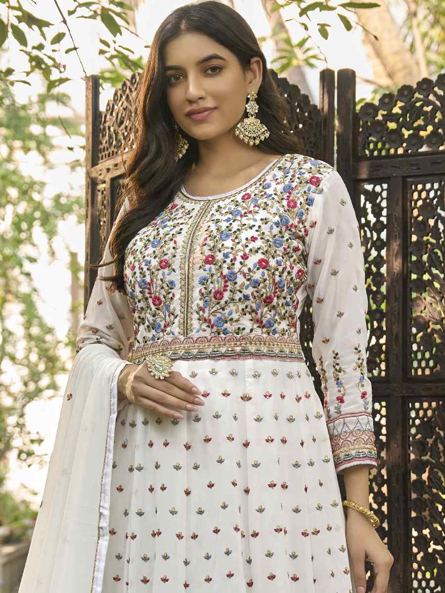 White Heavy Faux Georgette Embroidered Festival Wedding Anarkali Salwar Kameez