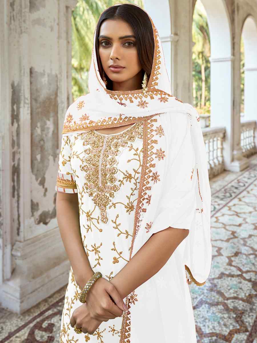 White Heavy Faux Georgette Embroidered Festival Wedding Palazzo Pant Salwar Kameez