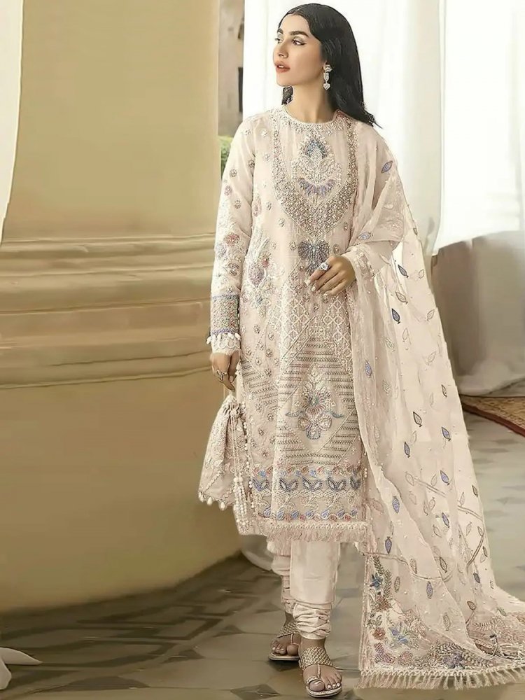 White Heavy Faux Georgette Embroidered Festival Wedding Pant Salwar Kameez