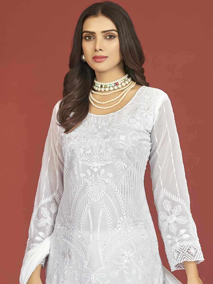 White Heavy Faux Georgette Embroidered Festival Wedding Pant Salwar Kameez