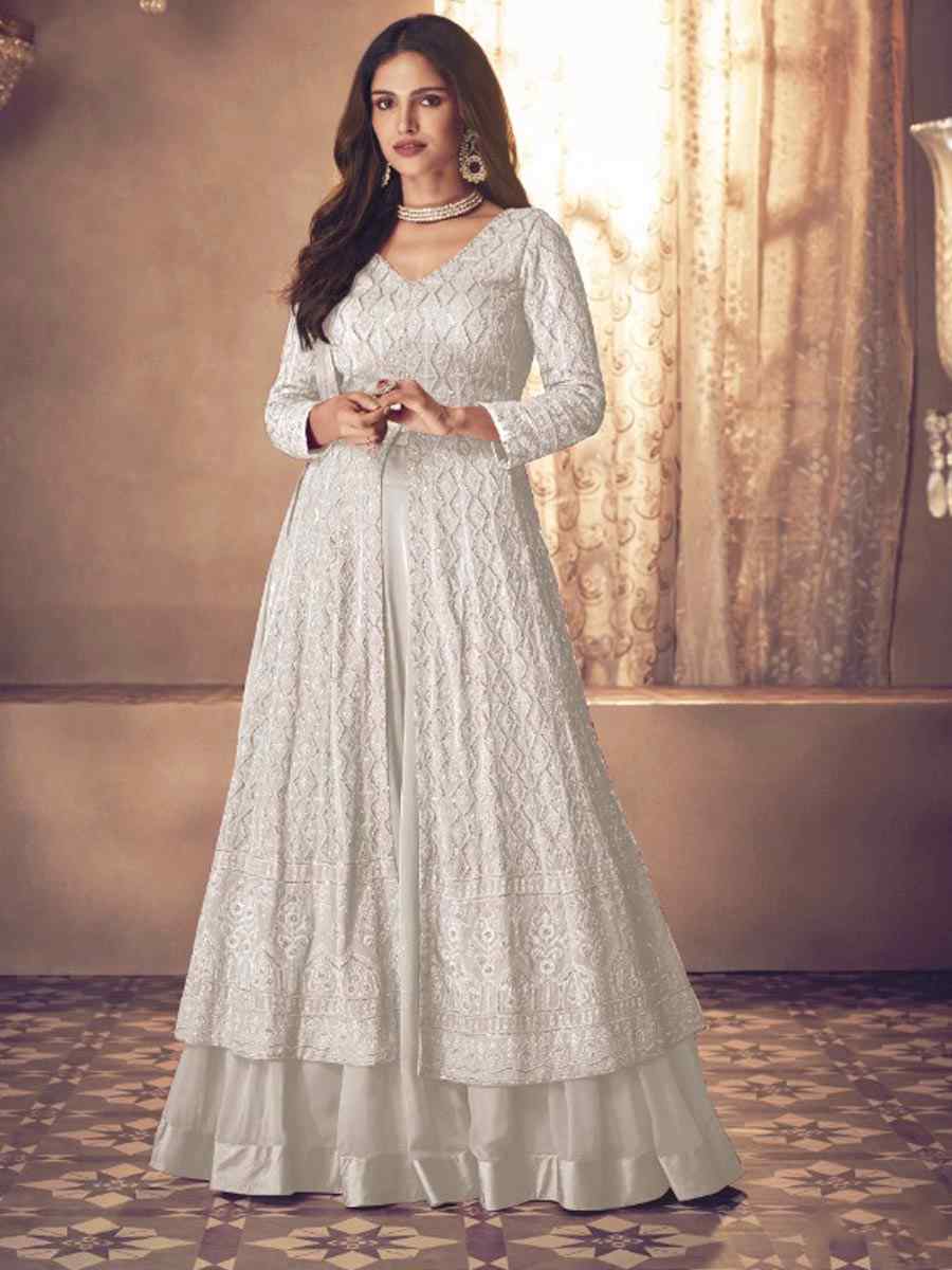 White Heavy Faux Georgette Embroidered Party Engagement Lawn Salwar Kameez
