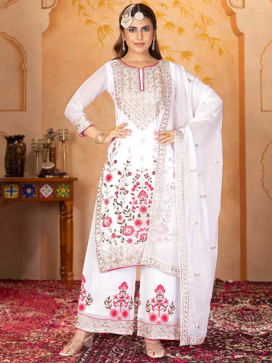 White Heavy Faux Georgette Embroidered Party Wedding Ready Palazzo Pant Salwar Kameez